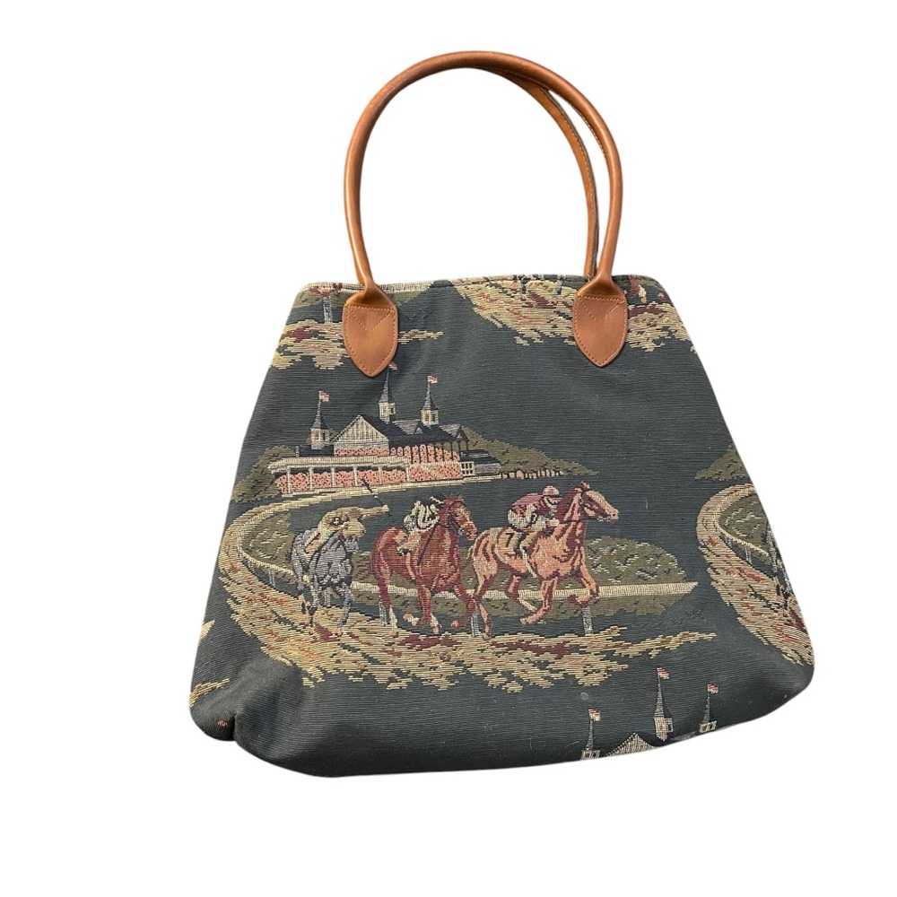 Vintage Green and Brown Shoulder Bag with Tapestry Design